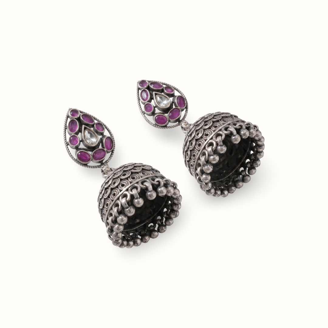 Full Drama — Ruby & Kundan Jhumka in Oxidised Silver