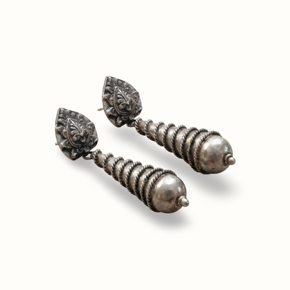 Coiled Up — Lotus Stud Long Drop Earrings in Oxidised Silver