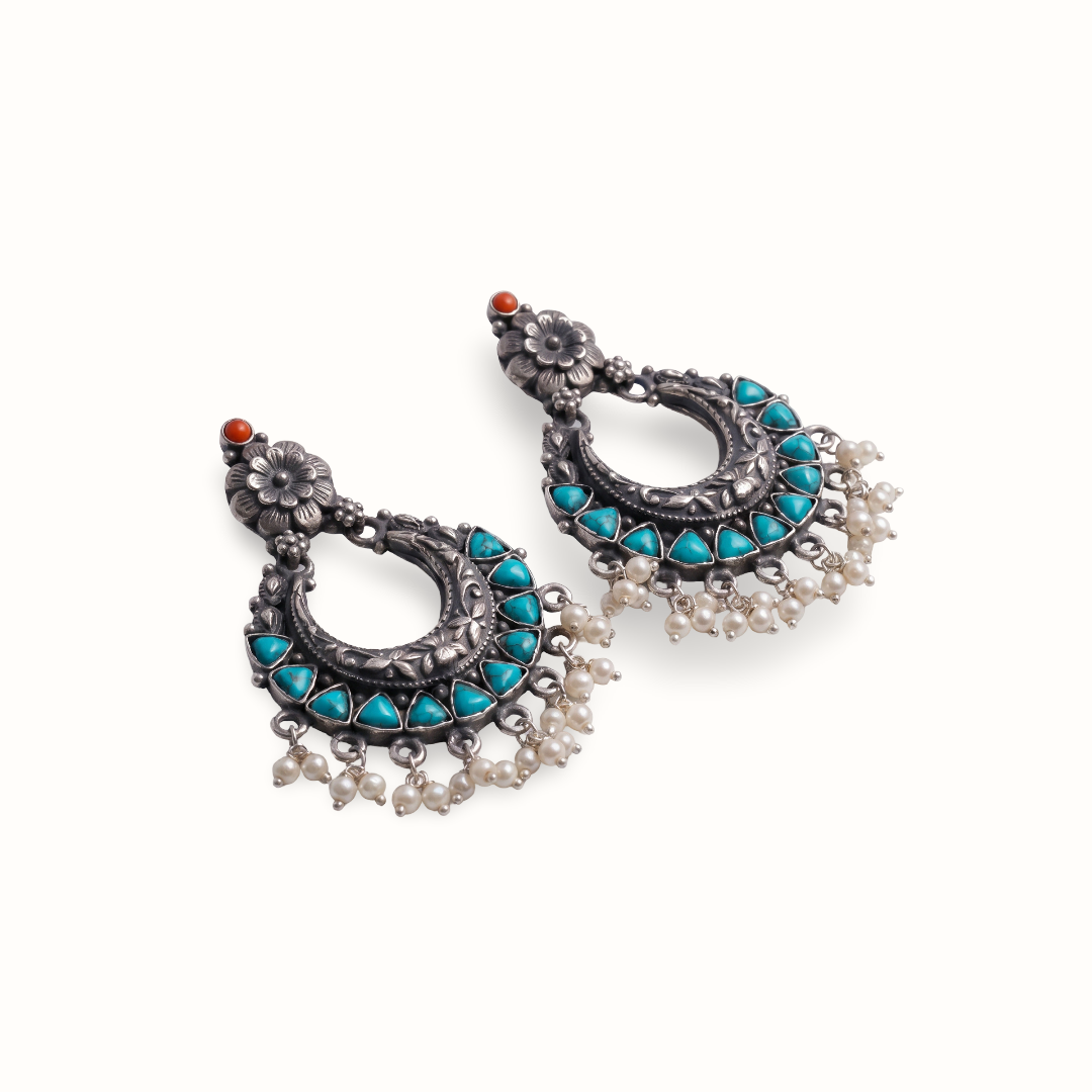 Firoza & Pearls — Chandbali Earrings in Oxidised Silver