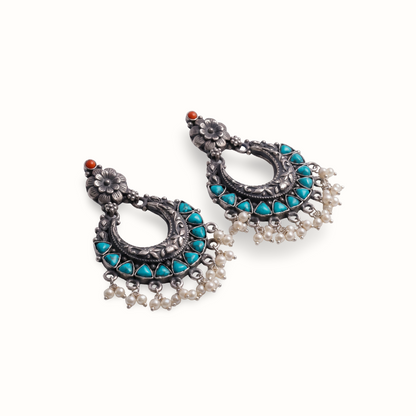 Firoza & Pearls — Chandbali Earrings in Oxidised Silver