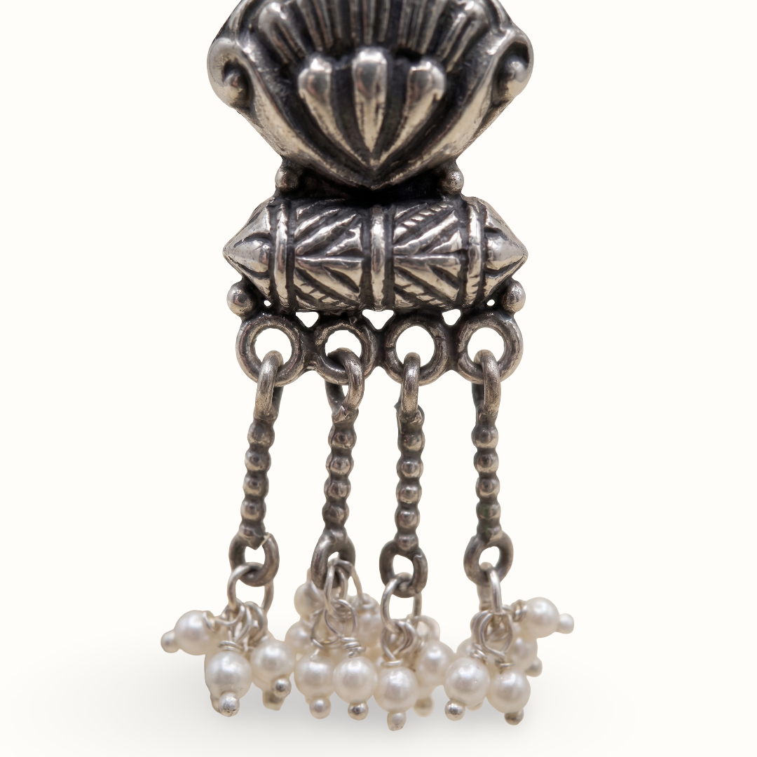 Shell & Pearls — Floral Tassel Earrings in Oxidised Silver