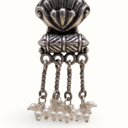Shell & Pearls — Floral Tassel Earrings in Oxidised Silver