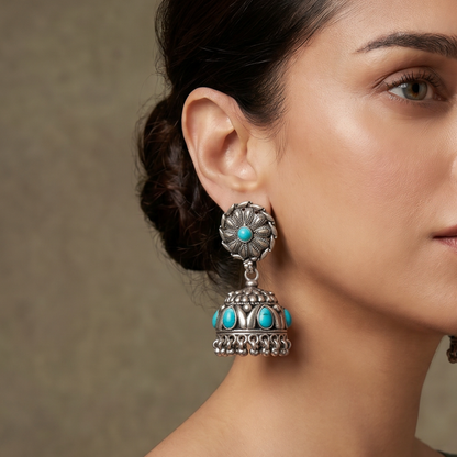 Firoza Hit — Jhumka Earrings in Oxidised Silver