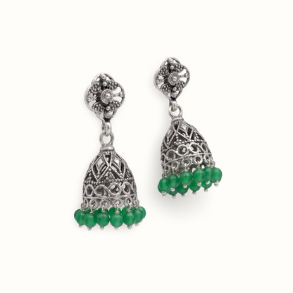 Goes With Everything — Jali Jhumka in Oxidised Silver with Green Beads