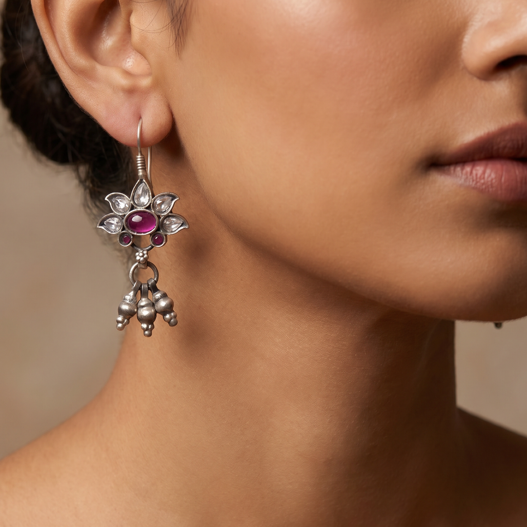 Petal Push — Kundan Flower Drop Earrings in Oxidised Silver