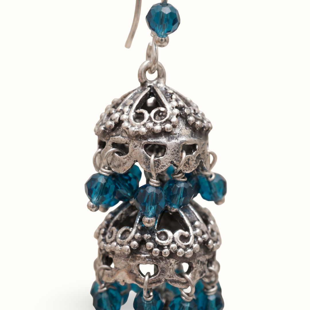 Triple Threat — Three-Tier Jhumka in Oxidised Silver with Firoza Crystals