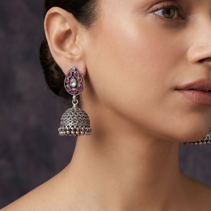 Full Drama — Ruby & Kundan Jhumka in Oxidised Silver