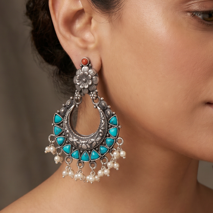 Firoza & Pearls — Chandbali Earrings in Oxidised Silver
