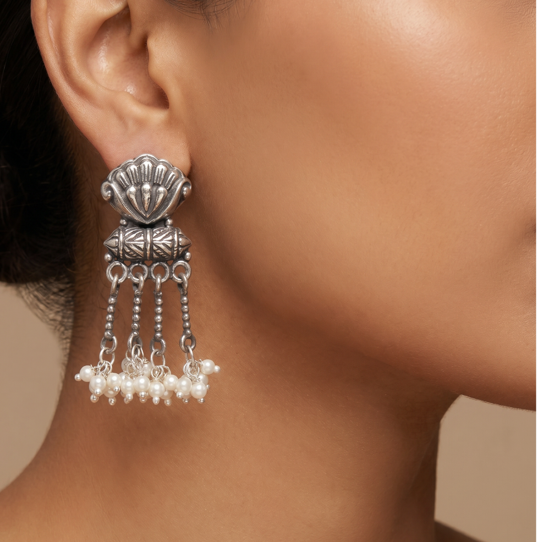 Shell & Pearls — Floral Tassel Earrings in Oxidised Silver
