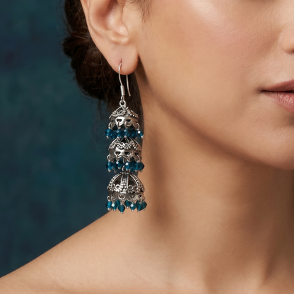 Triple Threat — Three-Tier Jhumka in Oxidised Silver with Firoza Crystals