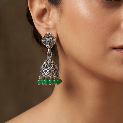 Goes With Everything — Jali Jhumka in Oxidised Silver with Green Beads