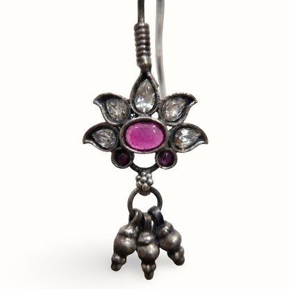 Petal Push — Kundan Flower Drop Earrings in Oxidised Silver