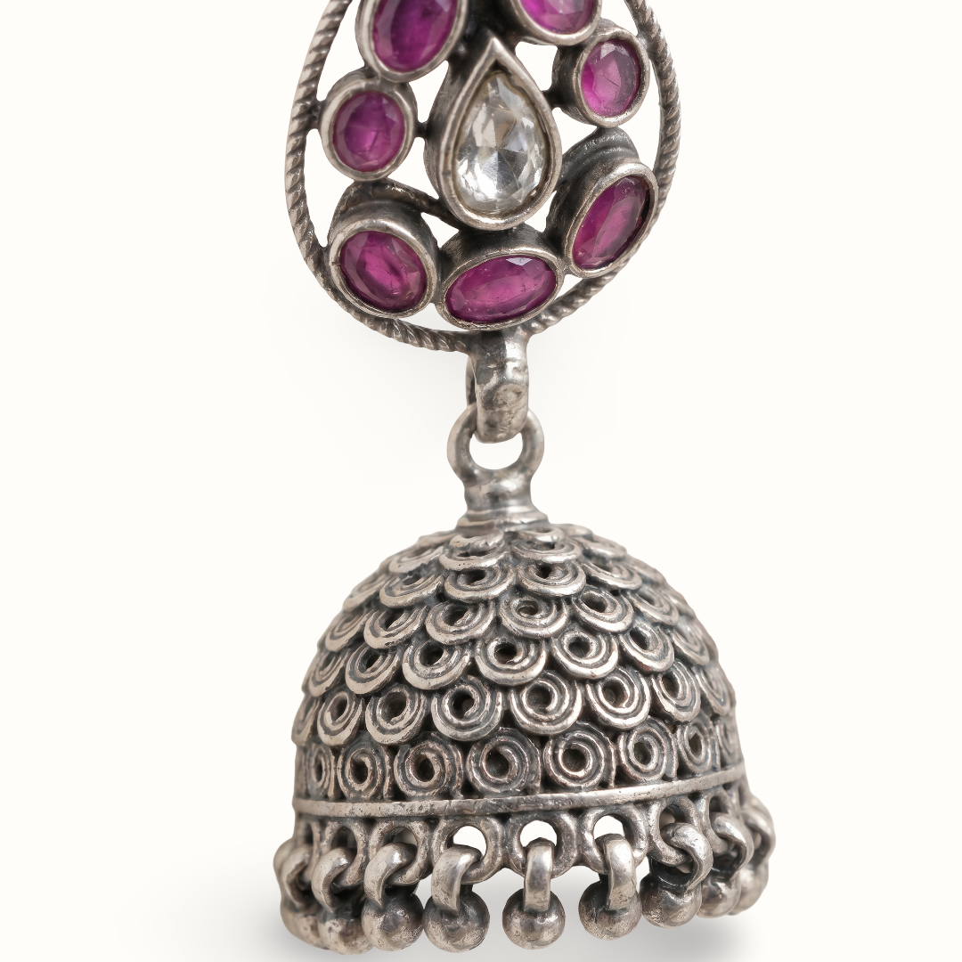 Full Drama — Ruby & Kundan Jhumka in Oxidised Silver