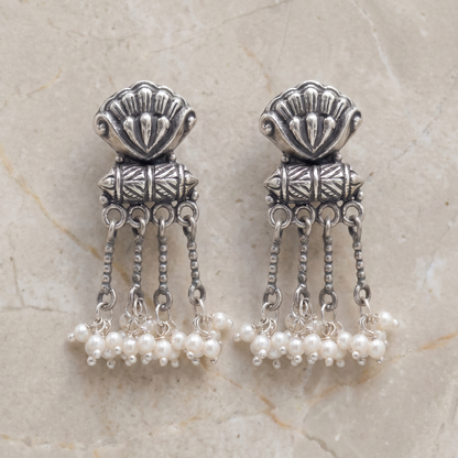 Shell & Pearls — Floral Tassel Earrings in Oxidised Silver