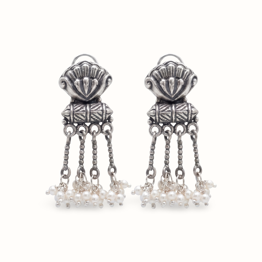 Shell & Pearls — Floral Tassel Earrings in Oxidised Silver