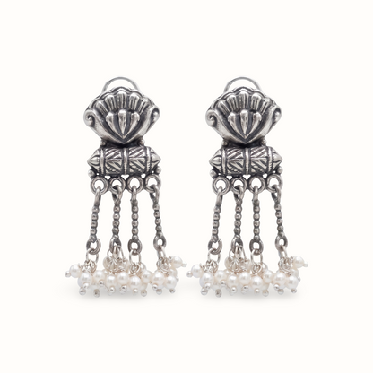 Shell & Pearls — Floral Tassel Earrings in Oxidised Silver