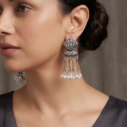 Shell & Pearls — Floral Tassel Earrings in Oxidised Silver