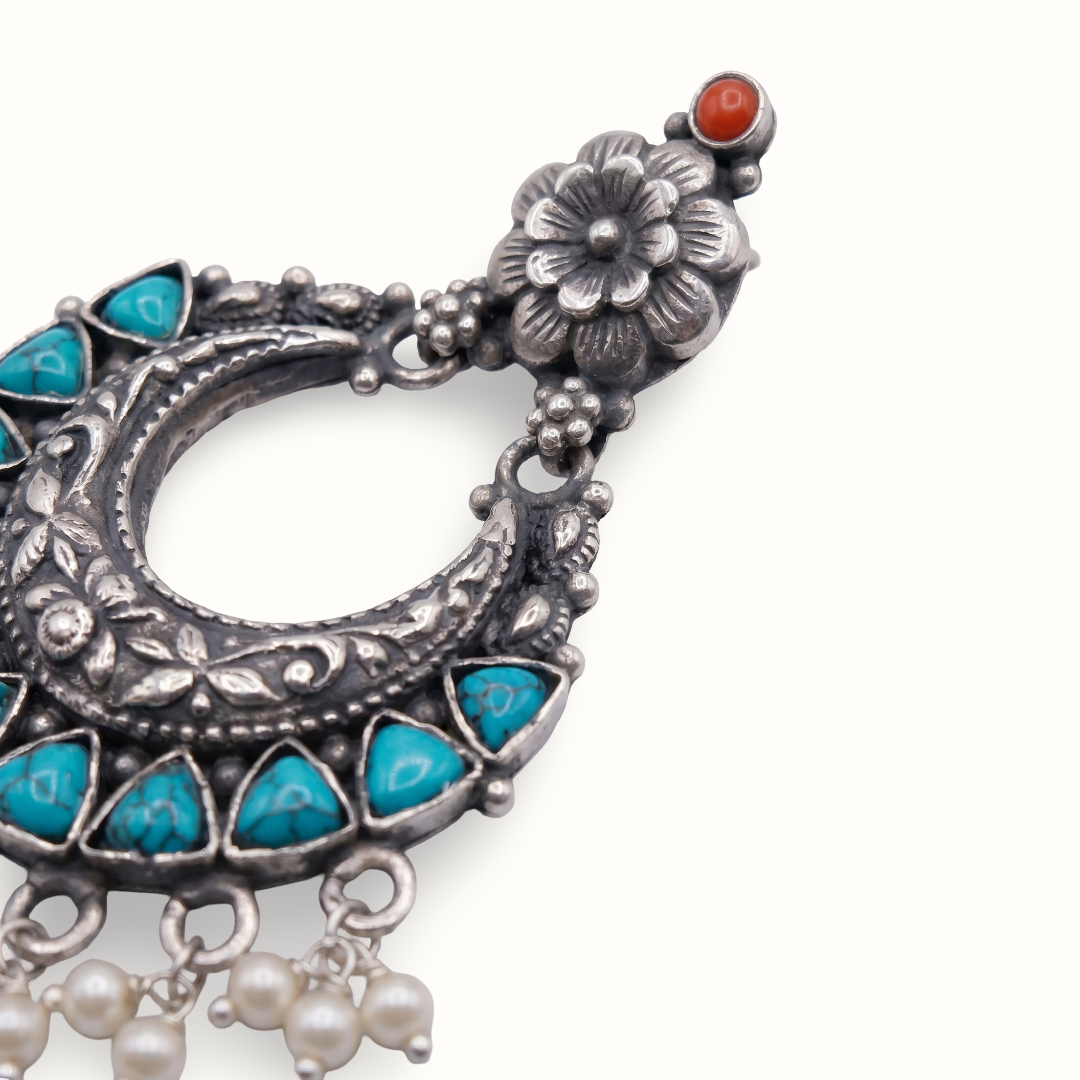 Firoza & Pearls — Chandbali Earrings in Oxidised Silver