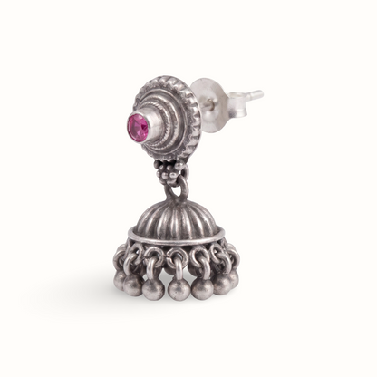 Pink Wink — Jhumka Stud Earrings in Oxidised Silver