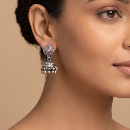 Pink Wink — Jhumka Stud Earrings in Oxidised Silver