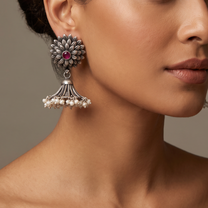 Full Bloom — Floral Jhumka with Ruby & Pearl Drops in Oxidised Silver