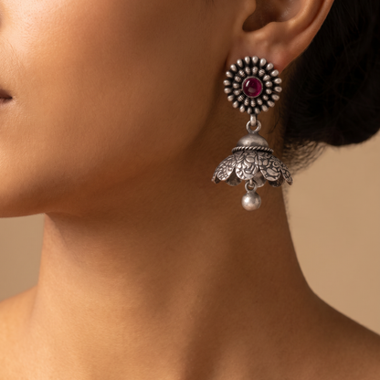 Full Bloom — Floral Jhumka in Oxidised Silver with Ruby Cabochon