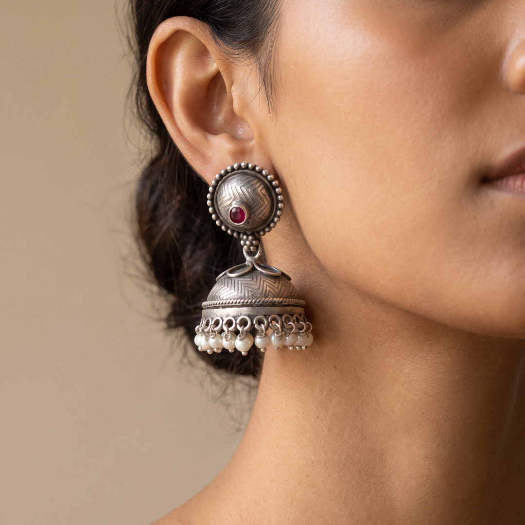 Little Red Dot — Chevron Jhumka with Pearl Drops in Oxidised Silver