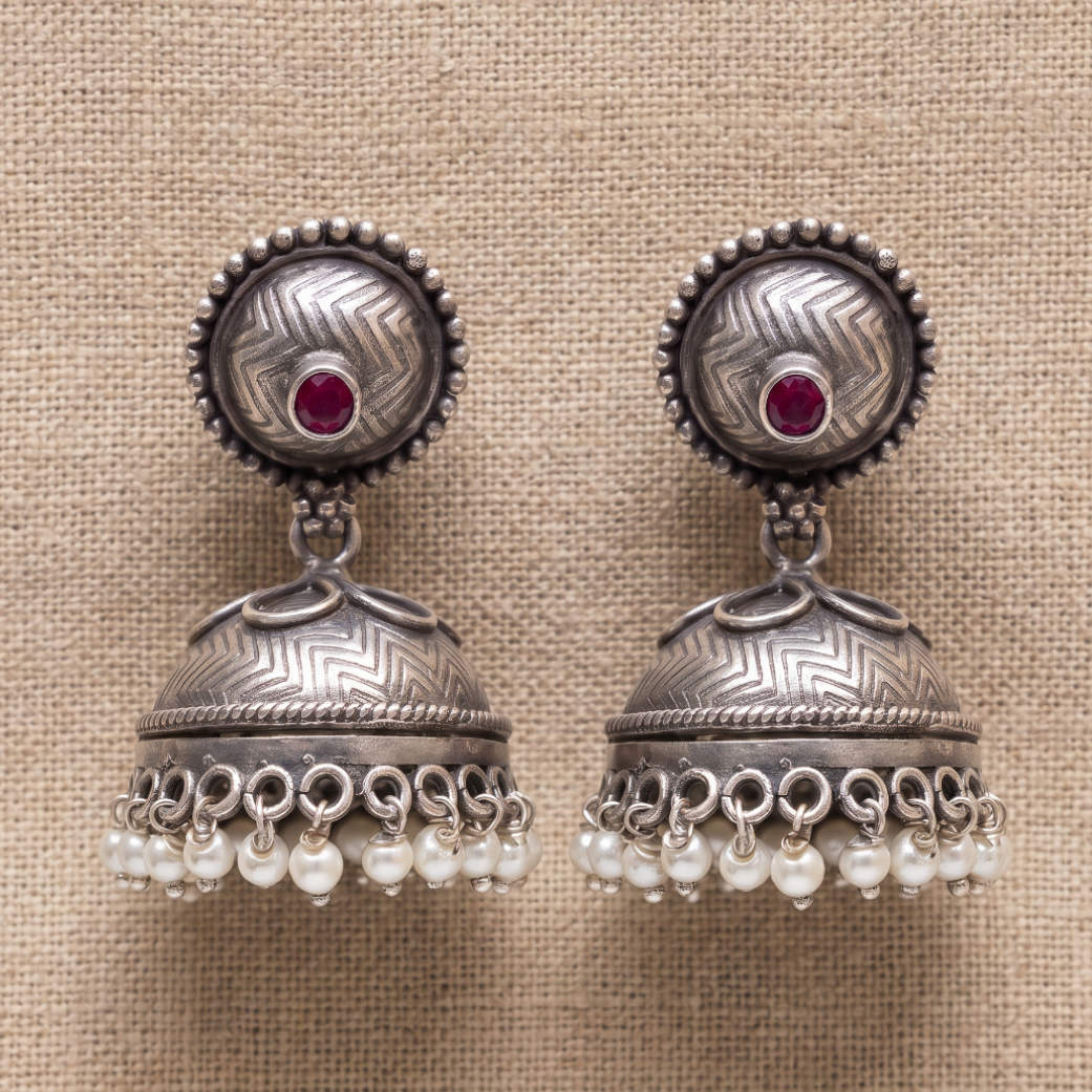 Little Red Dot — Chevron Jhumka with Pearl Drops in Oxidised Silver