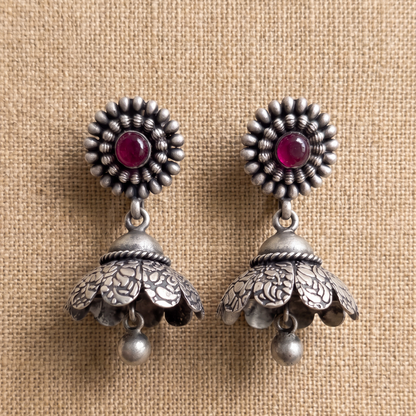 Full Bloom — Floral Jhumka in Oxidised Silver with Ruby Cabochon