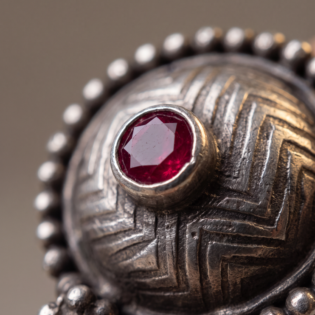 Little Red Dot — Chevron Jhumka with Pearl Drops in Oxidised Silver