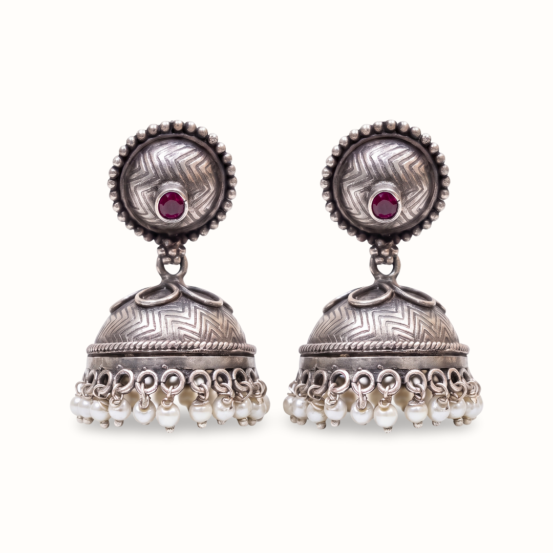 Little Red Dot — Chevron Jhumka with Pearl Drops in Oxidised Silver