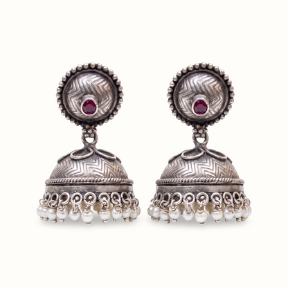 Little Red Dot — Chevron Jhumka with Pearl Drops in Oxidised Silver