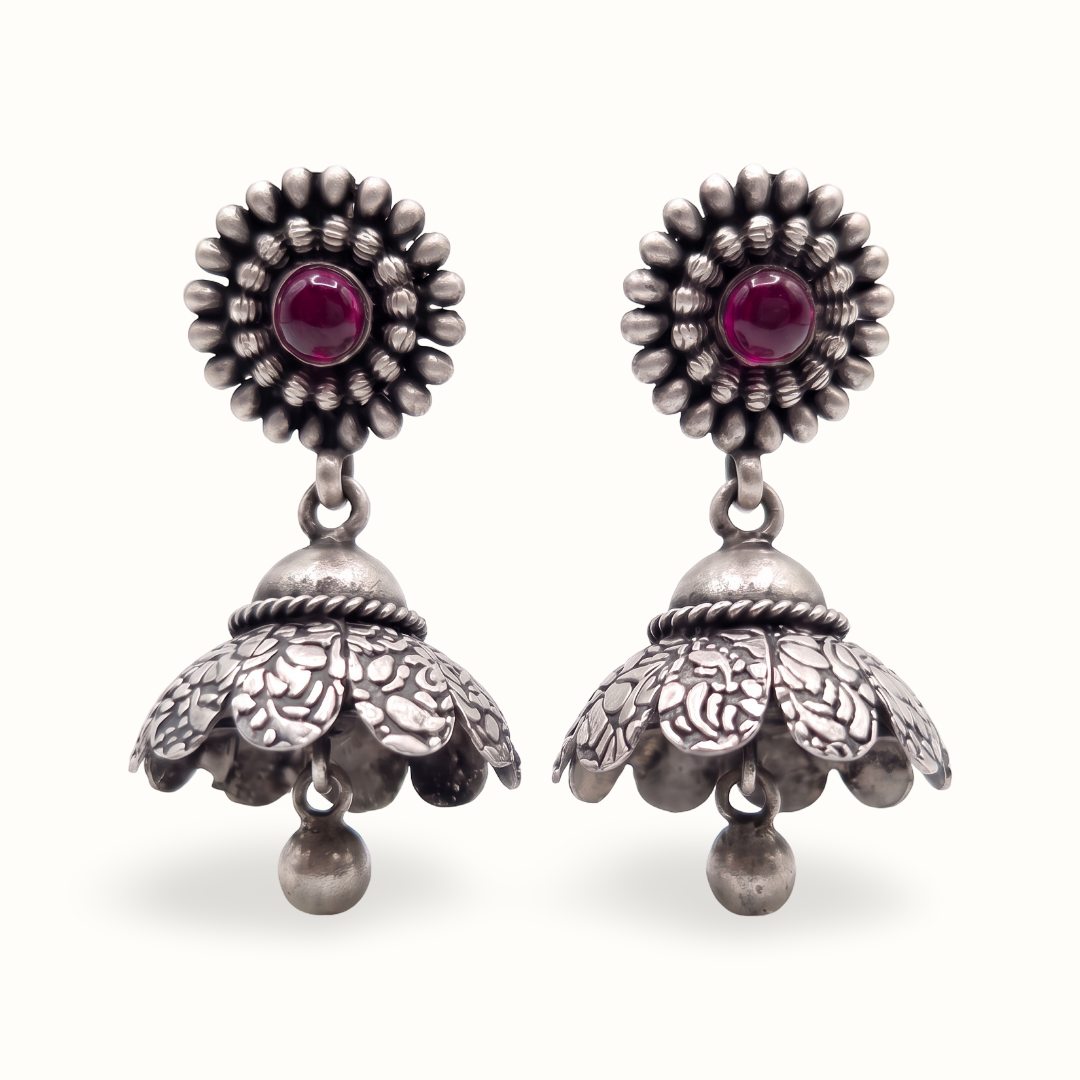 Full Bloom — Floral Jhumka in Oxidised Silver with Ruby Cabochon