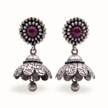 Full Bloom — Floral Jhumka in Oxidised Silver with Ruby Cabochon