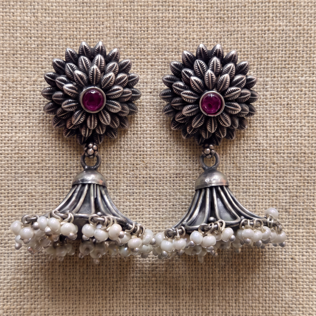 Full Bloom — Floral Jhumka with Ruby & Pearl Drops in Oxidised Silver
