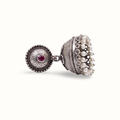 Little Red Dot — Chevron Jhumka with Pearl Drops in Oxidised Silver