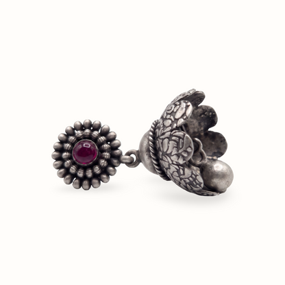Full Bloom — Floral Jhumka in Oxidised Silver with Ruby Cabochon