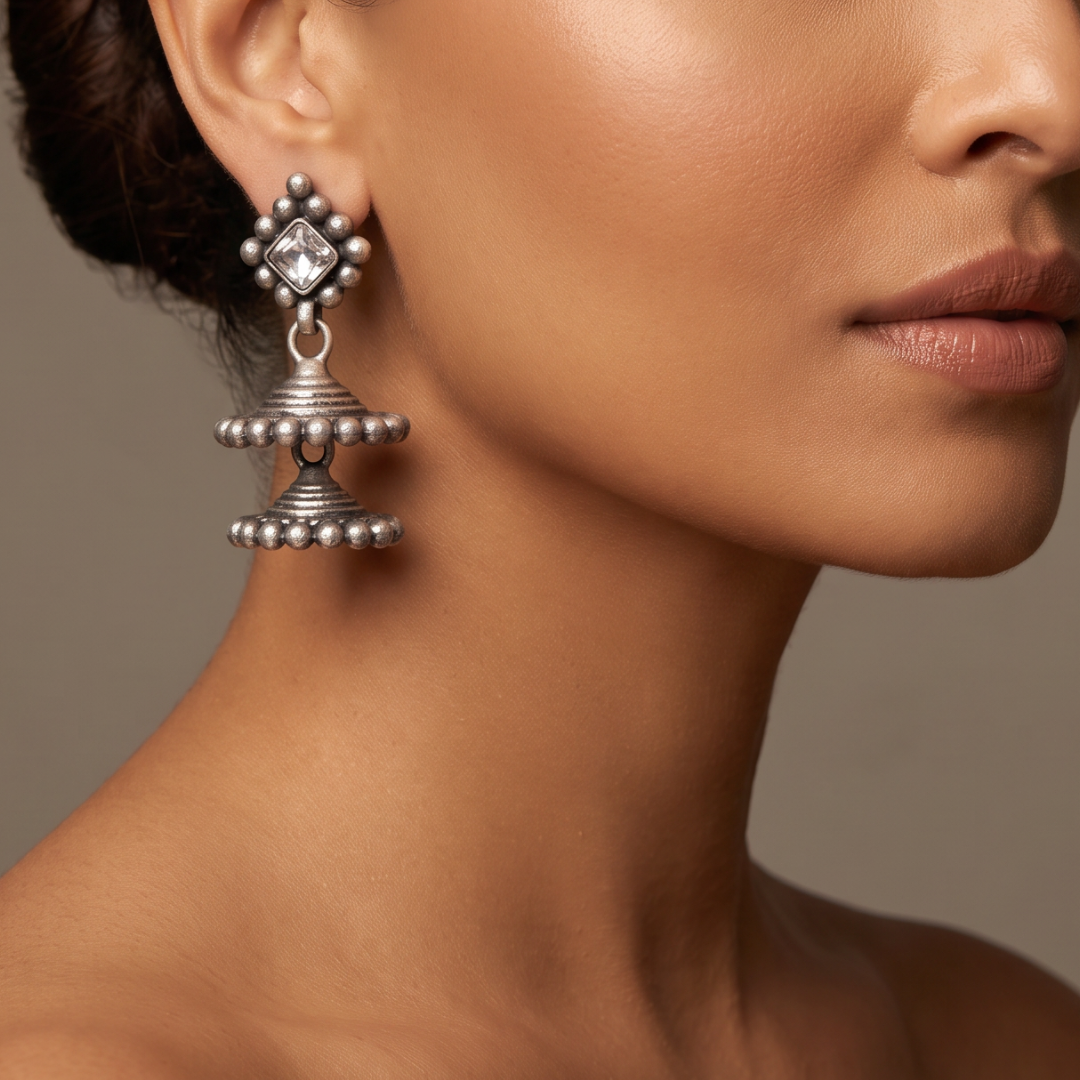 Two-Tier Wonder — Kundan Jhumka in Oxidised Silver