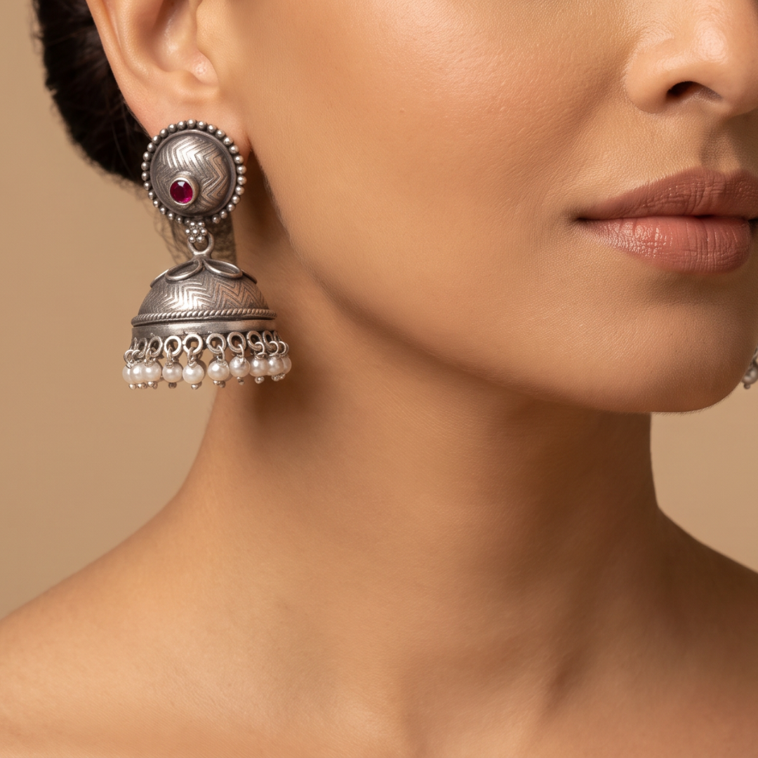 Little Red Dot — Chevron Jhumka with Pearl Drops in Oxidised Silver
