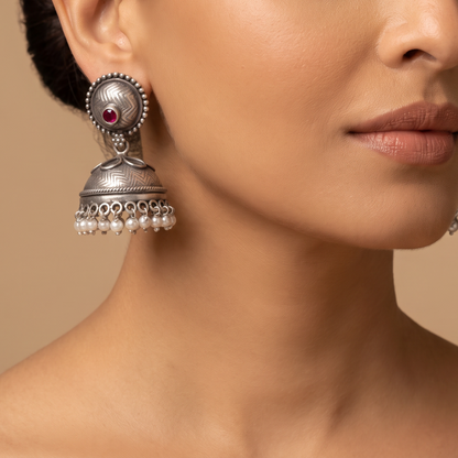 Little Red Dot — Chevron Jhumka with Pearl Drops in Oxidised Silver