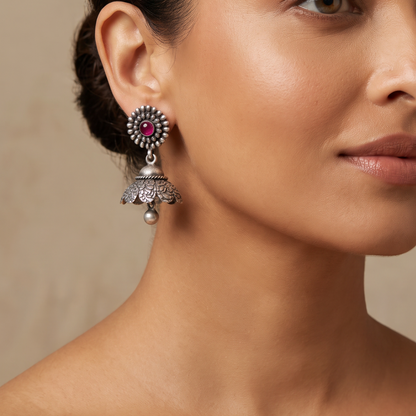Full Bloom — Floral Jhumka in Oxidised Silver with Ruby Cabochon