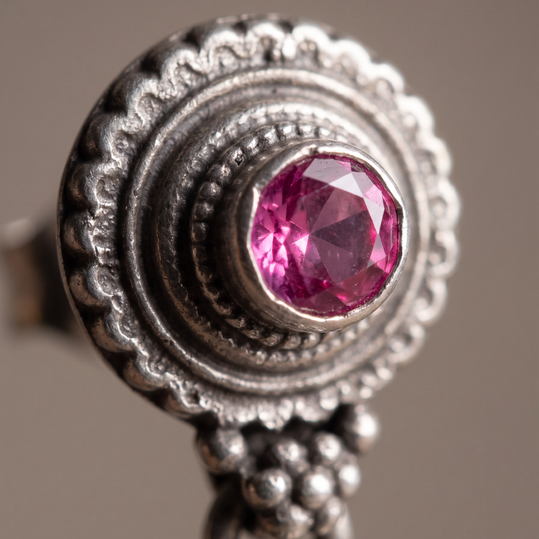 Pink Wink — Jhumka Stud Earrings in Oxidised Silver