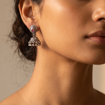 Pink Wink — Jhumka Stud Earrings in Oxidised Silver