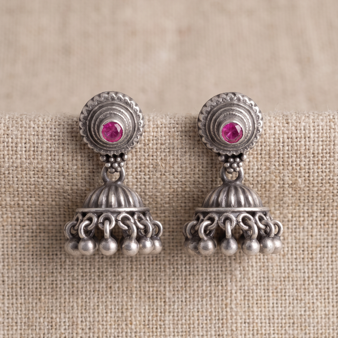Pink Wink — Jhumka Stud Earrings in Oxidised Silver