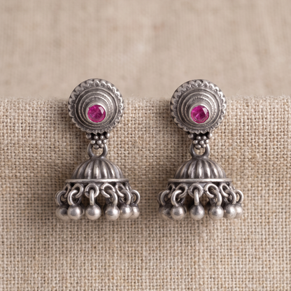 Pink Wink — Jhumka Stud Earrings in Oxidised Silver