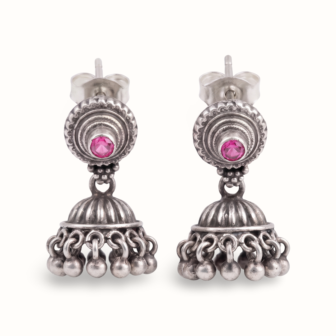 Pink Wink — Jhumka Stud Earrings in Oxidised Silver