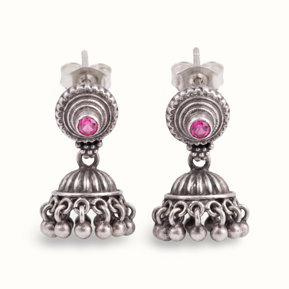 Pink Wink — Jhumka Stud Earrings in Oxidised Silver