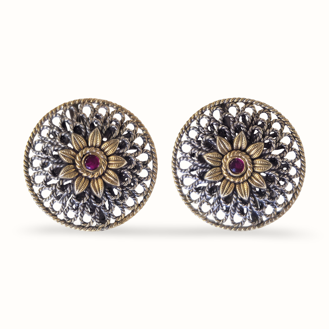 Full Coverage — Filigree Round Stud Earrings in Dual Tone Silver