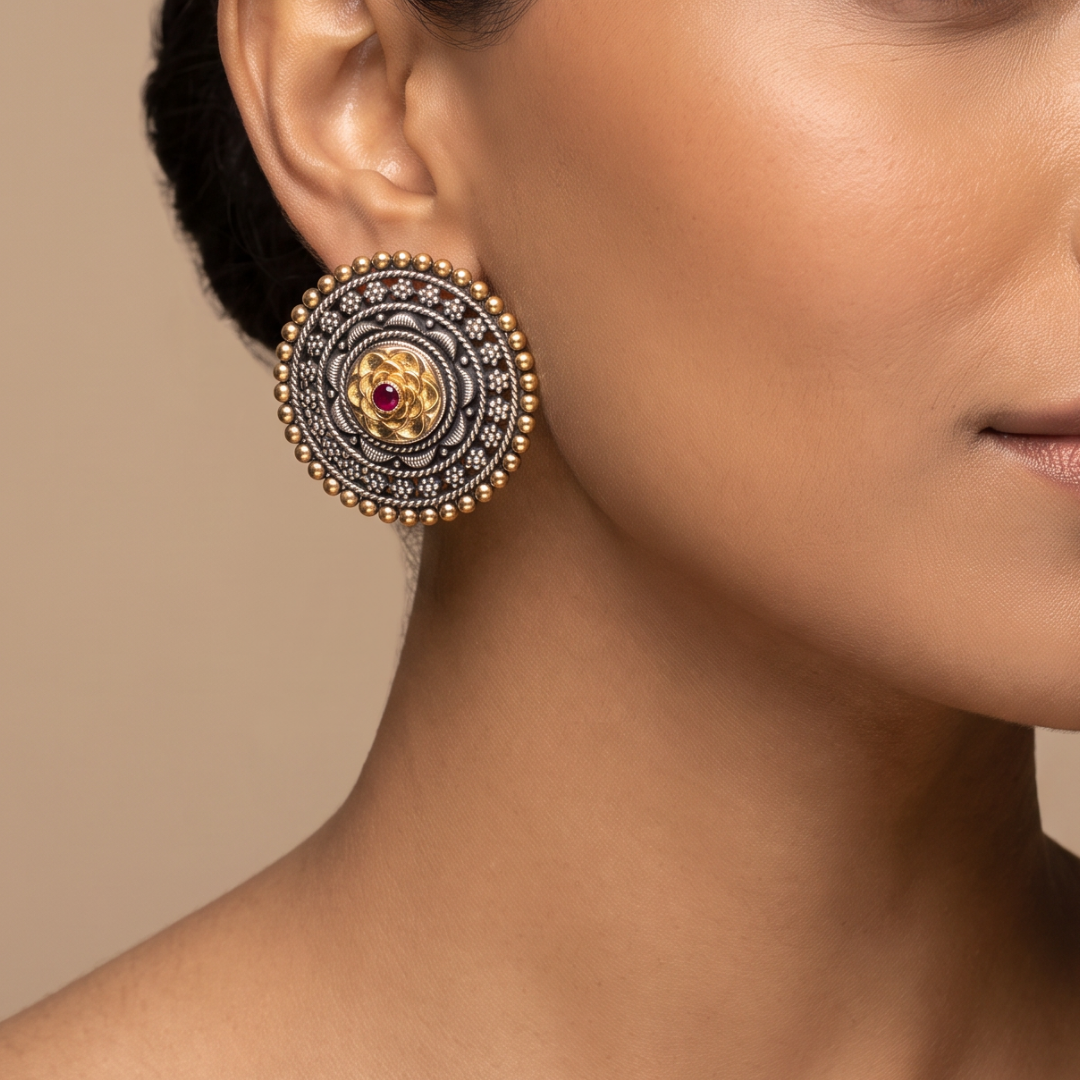 Lotus in the Room — Chakra Stud Earrings in Dual Tone Silver