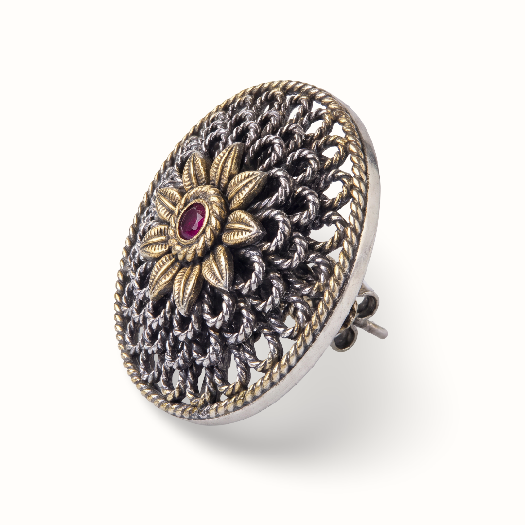 Full Coverage — Filigree Round Stud Earrings in Dual Tone Silver
